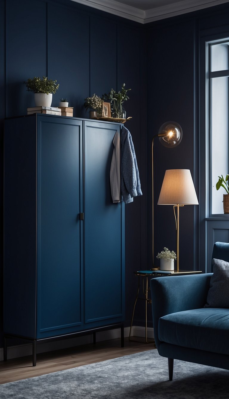 A cerulean wardrobe stands against a dark blue wall in a cozy bedroom, surrounded by matching decor and soft lighting