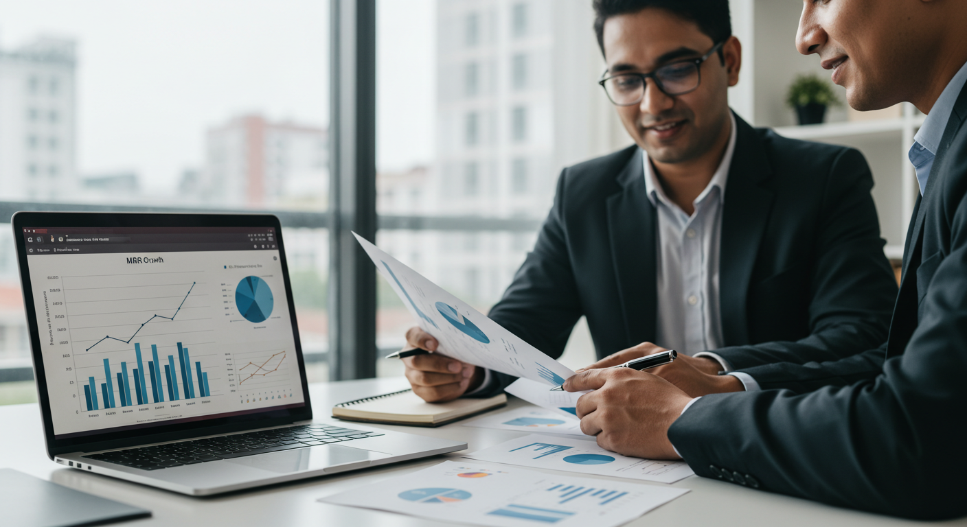 Professionals review charts showing growth in recurring revenue for a VoIP reseller white-label business.