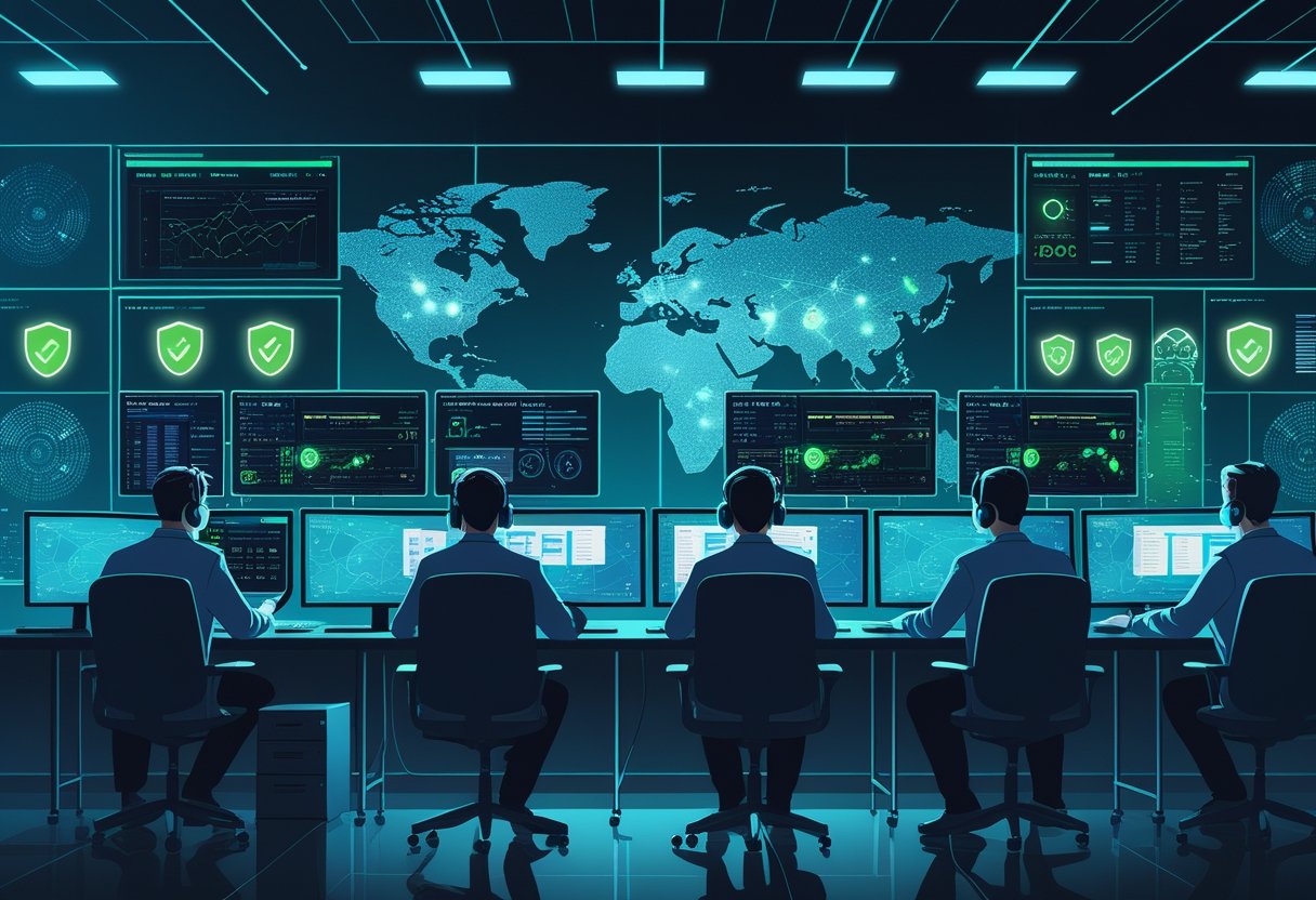 A team of cybersecurity experts monitoring multiple screens in a dimly lit operations center at night, actively responding to cyber threats.