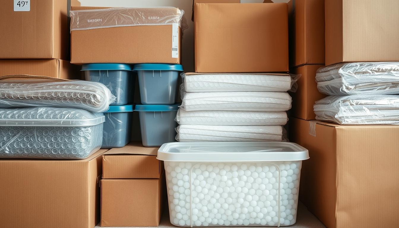 A neatly organized arrangement of various moisture-resistant packing materials, including sturdy corrugated cardboard boxes, air-tight plastic containers, and heavy-duty bubble wrap. The scene is well-lit, with warm, diffused lighting creating soft shadows and highlighting the textures of the materials. The camera angle is slightly elevated, allowing for a comprehensive view of the different packing solutions. The overall mood is professional and informative, conveying a sense of expert guidance for effective house packing and moving preparation.