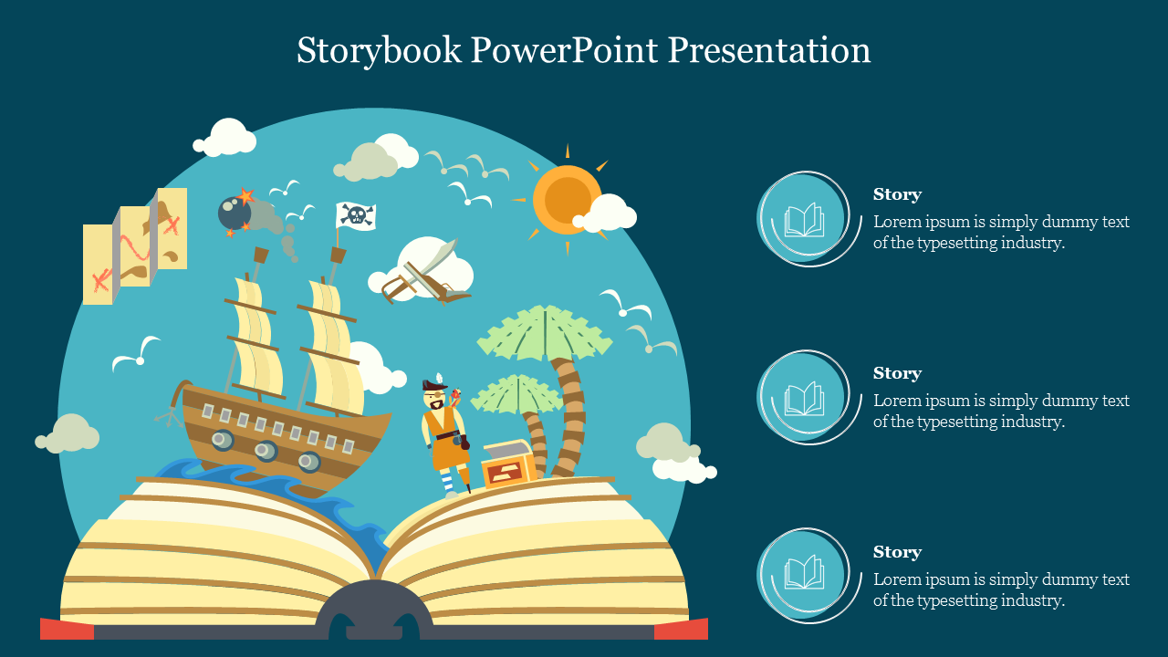 Storybook PowerPoint slide featuring an open book with pirate ships, maps, trees, and icons symbolizing creative storytelling.