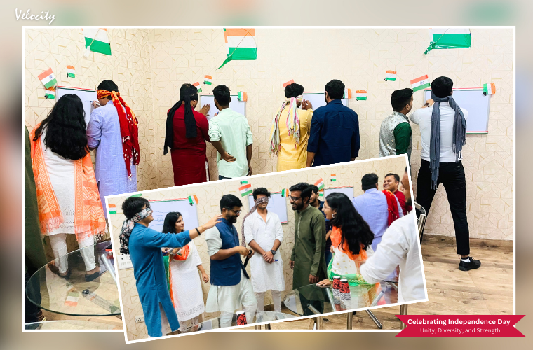 Participants at Velocity Software Solutions drawing the Indian flag in the Tiranga Challenge during Independence Day celebration
