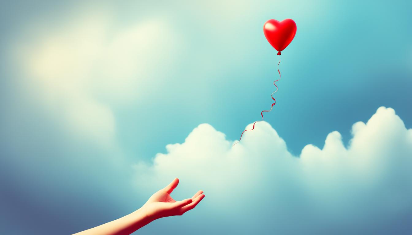 A hand reaching out from a cloudy sky, grasping for a heart-shaped balloon. The balloon is floating away, but the hand is determined to bring it back.