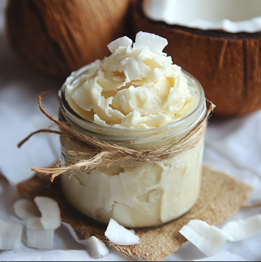 A small clear jar filled with home made diy coconut cream.Featured in the blog, "Can I Use Coconut Oil As A Body Cream?"