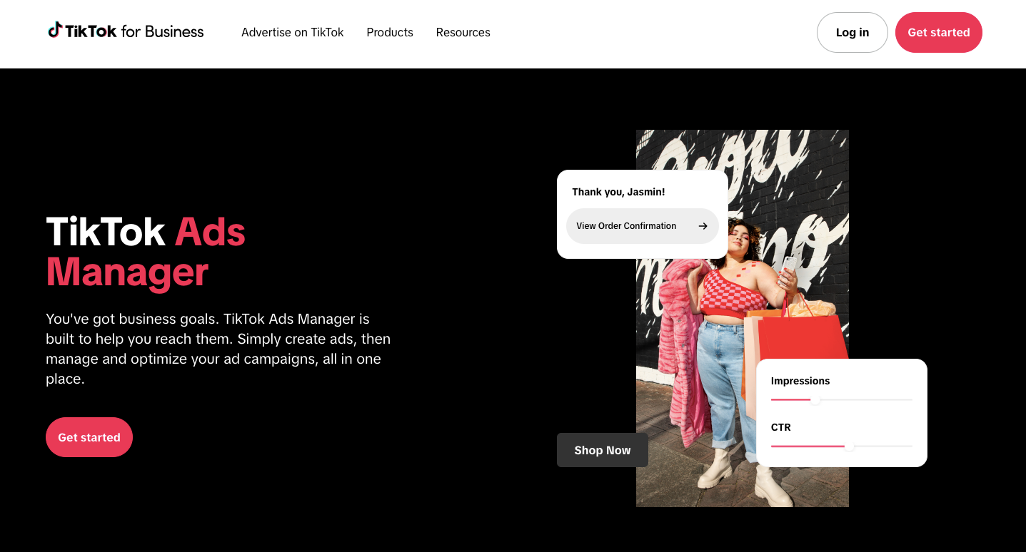 TikTok Ads Manager homepage showcasing ad management tools for creating and tracking ad performance metrics like impressions and click through rate.