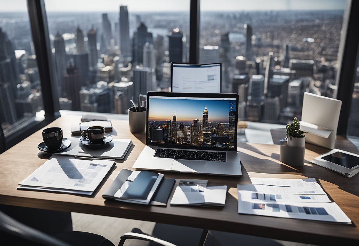 A modern office desk with a computer, notepad, and pen. A window overlooks a city skyline. A stack of real estate brochures and a laptop with real estate SEO data