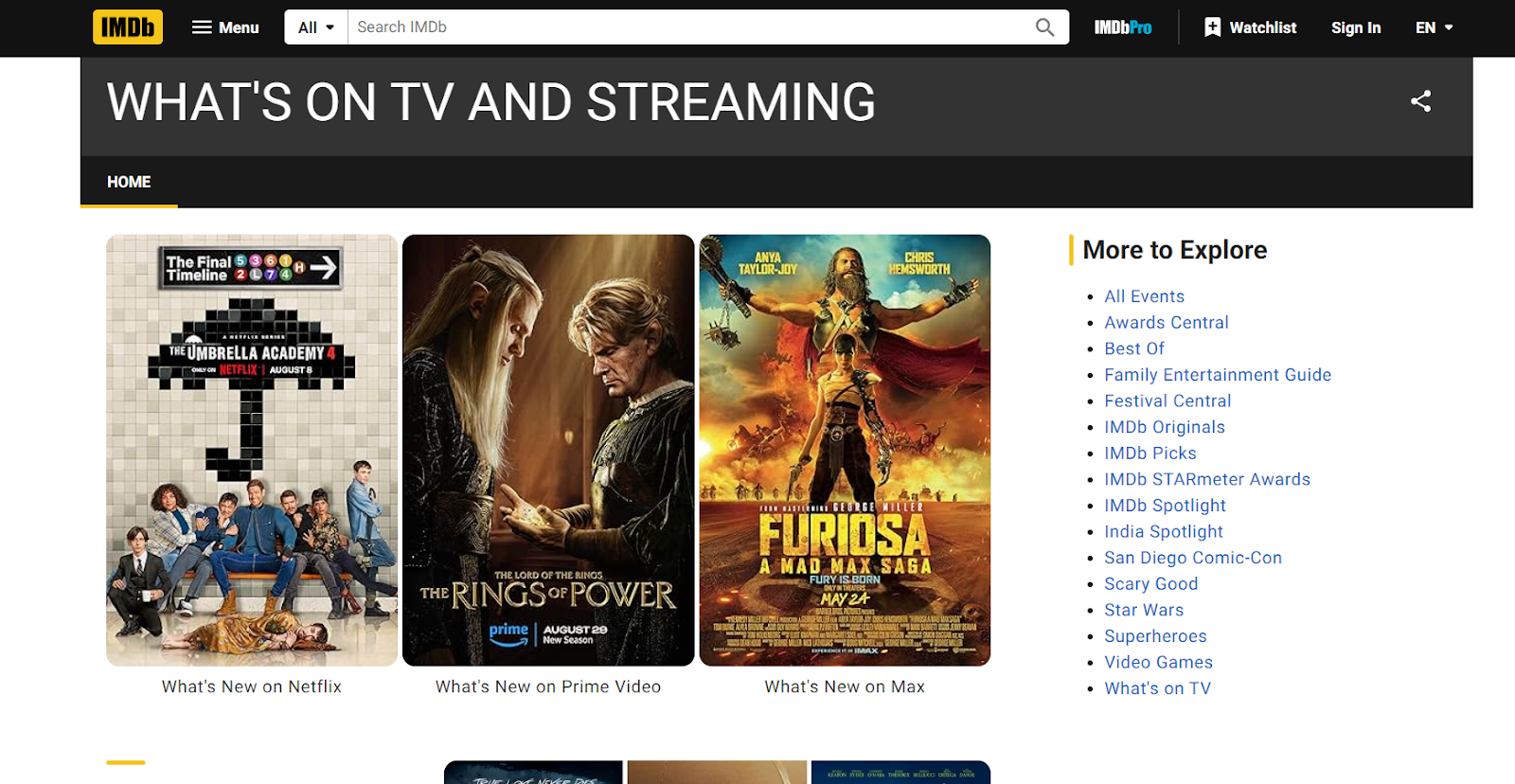 IMDb TV Official Website Dashboard