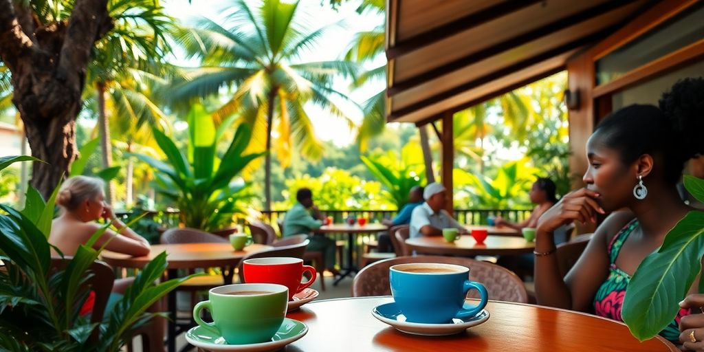 Colorful coffee cups in a tropical Jamaican café.