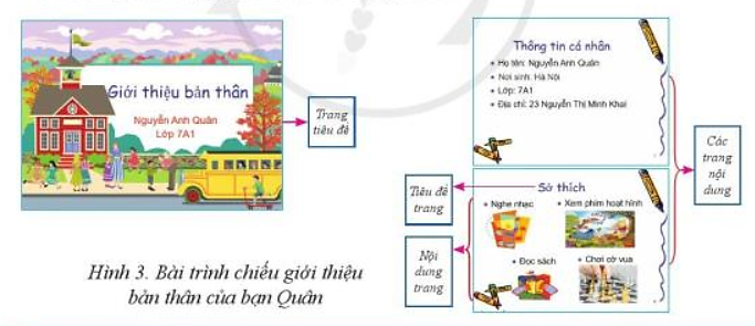 CHỦ ĐỀ E: BÀI 12 - TẠO BÀI TRÌNH CHIẾUMỞ ĐẦUCâu 1: Em biết những phần mềm nào sau đây là phần mềm trình chiếu: Word, Excel, PowerPoint, Keynote?Với phần mềm trình chiếu mà em biết, em đã làm được gì?Đáp án chuẩn:PowerPoint, Keynote. 2. Bài trình chiếu và nội dung trang chiếuCâu 1: Bạn Quân đã tạo một bài trình chiếu bằng PowerPoint giới thiệu về bản thân (Hình 3). Hãy nhận xét bài trình chiếu theo các gợi ý sau:Hình thức trình bày có đẹp không?Bài trình bày gồm có những nội dung nào? Có đầy đủ thông tin không?Có những đối tượng nào trên các trang chiếu?Đáp án chuẩn:- Hình thức trình bày đẹp.- Bài gồm trang tiêu đề và các trang nội dung với đầy đủ thông tin tóm lược.- Các trang chiếu có văn bản và hình ảnh.LUYỆN TẬPCâu 1: Em hãy sử dụng phần mềm PowerPoint tạo bài trình chiếu tương tự như ở Hình 3. Sau đó bổ xung trang tiêu đề một trang chiếu giới thiệu các nội dung chính của bài trình bày gồm: thông tin cá nhân, thành tích, sở thích.Đáp án chuẩn:Các em tham khảo mẫu sau:VẬN DỤNGCâu 1: Em hãy chuẩn bị một số hình ảnh hoặc video để đưa vào các trang chiếu mà em đã bổ xung ở phần Luyện tập?Đáp án chuẩn:Một số hình ảnhTỰ ĐÁNH GIÁ