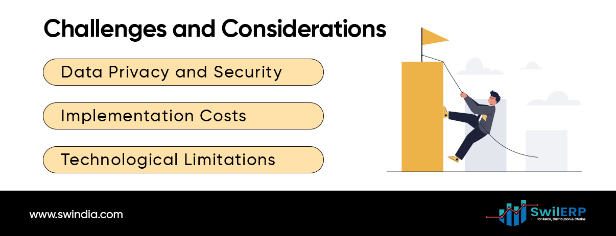 Challenges and Considerations in AI and Machine Learning for Delivery Management, highlighting Data Privacy, Implementation Costs, and Technological Limitations - SwilERP