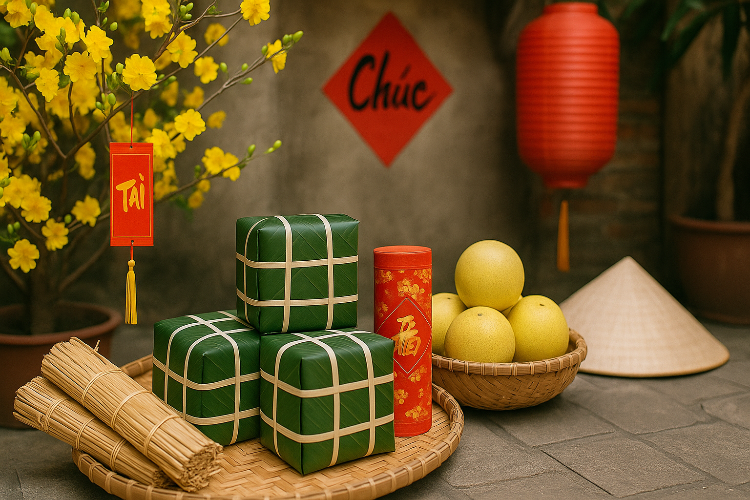 Chung cake and fruits in Tet holiday