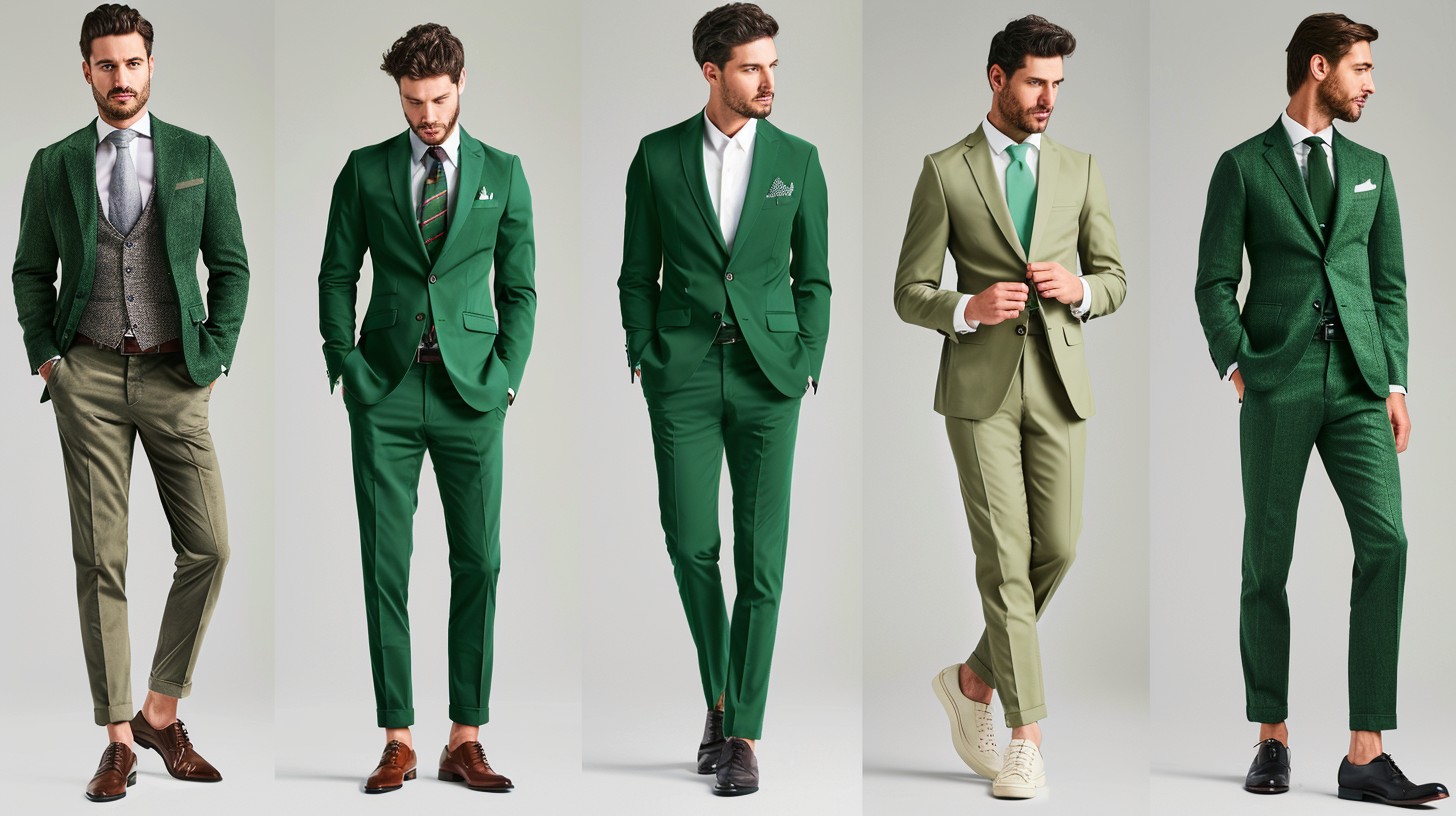 A man showcasing five green suit styles in different shades: Forest green suit--deep and rich, paired with a white shirt and dark brown shoes for formal settings; Olive green suit--earthy and casual, with a beige shirt and brown shoes for outdoor events; Emerald green suit--bold and festive, styled with a black shirt and black shoes; Sage green suit--soft and fresh, with a pastel shirt and light brown shoes for spring looks; Mint green suit--light and playful, paired with a white shirt and neutral shoes for casual daytime events. Each outfit reflects seasonal style and personality.