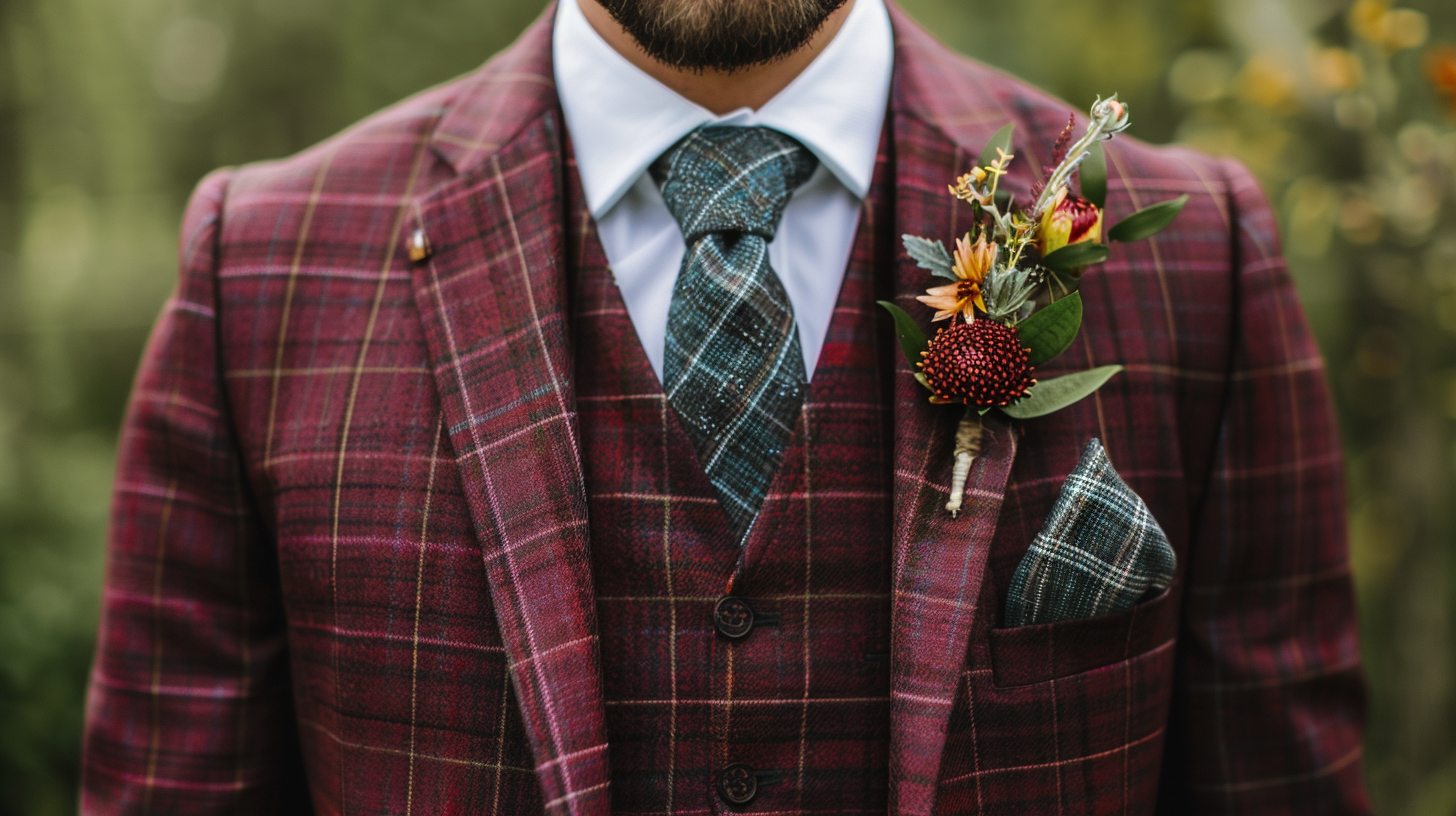 Fashion-forward man in a burgundy or dark green suit, subtle plaid or check pattern, bold but refined styling, casual or themed outdoor wedding setting, matching pocket square