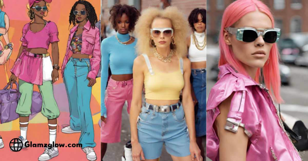 A collage showcasing vibrant Y2K fashion styles, including illustrated and real-life depictions of young women wearing colorful, retro-inspired outfits with accessories like sunglasses, bold jewelry, and statement hairstyles.