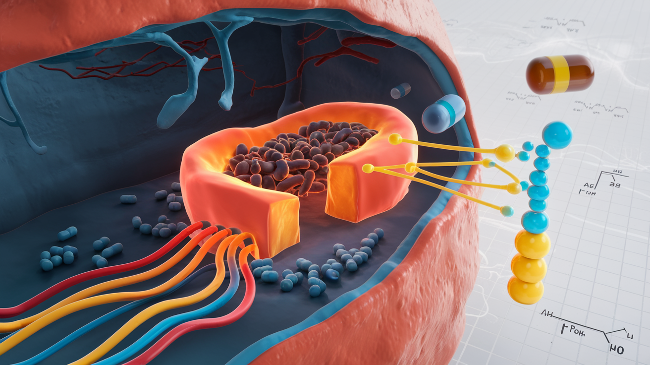 Create a realistic image of a stylized cutaway diagram of a human cell, focusing on the mitochondria, with vibrant colors highlighting the inner workings. Show electron transport chains and ATP production in action. Include floating supplement capsules nearby, symbolizing the advanced formula. Use a clean, white background with subtle scientific notations and chemical formulas to emphasize the educational nature of the image.
