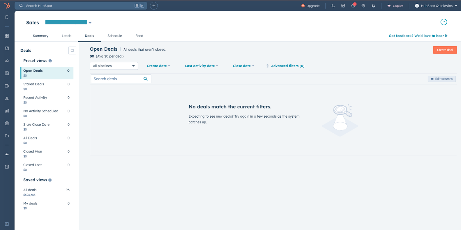 Image of the deals tab in HubSpot Sales Workspace, showcasing deal tracking and pipeline management features.