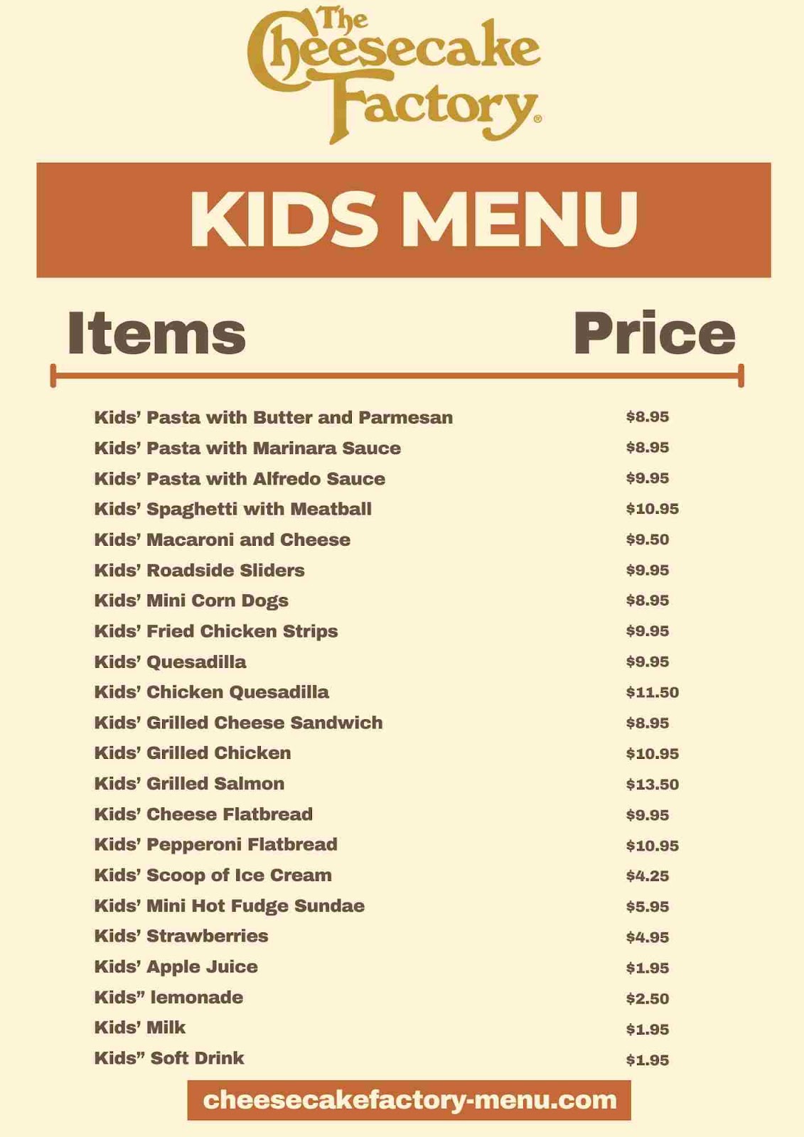Cheesecake Factory Kids Menu price List
