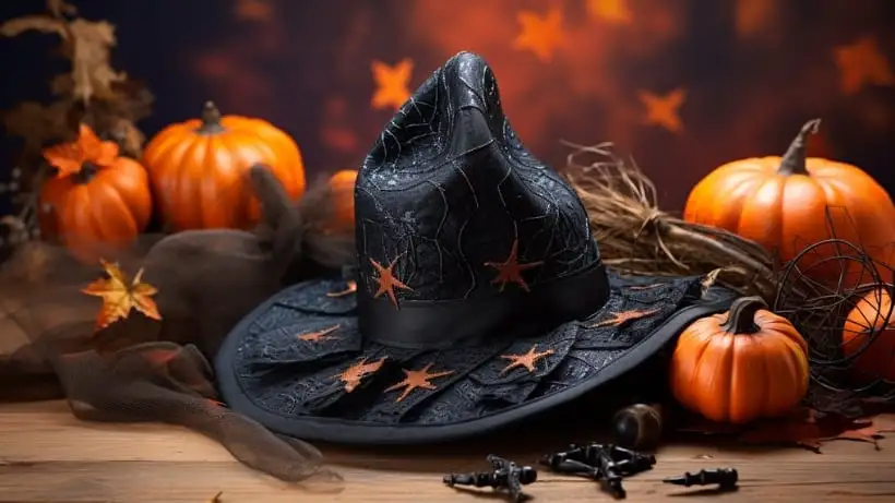 a witch's hat sitting amongst pumpkins