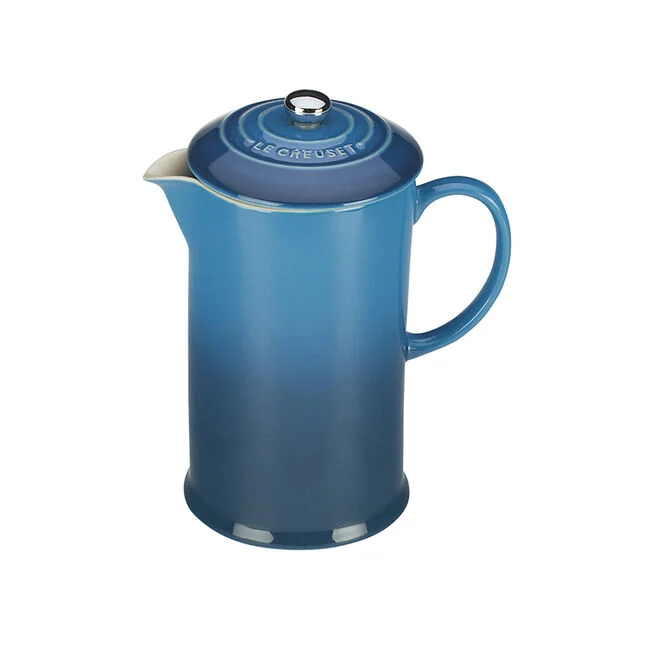 Le Creuset French press: lead-free stoneware, durable, and chip-resistant.