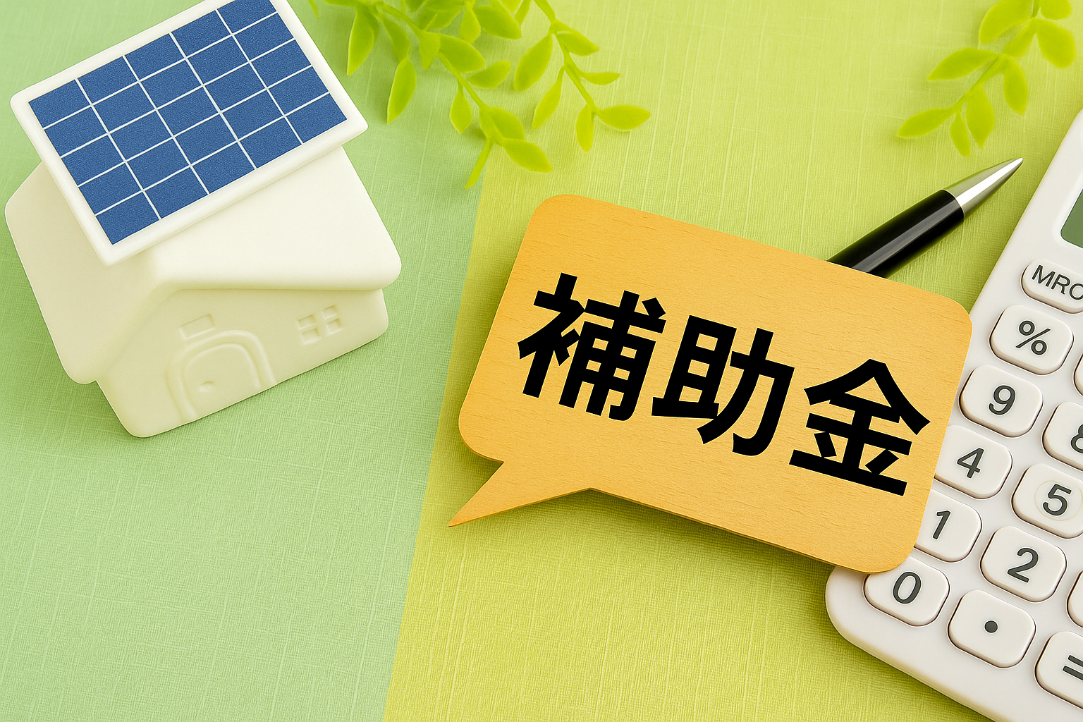 「補助金」と書かれた吹き出し、太陽光パネルが乗った家型模型、電卓、ペン。エコ住宅や省エネに関する補助金をイメージ。