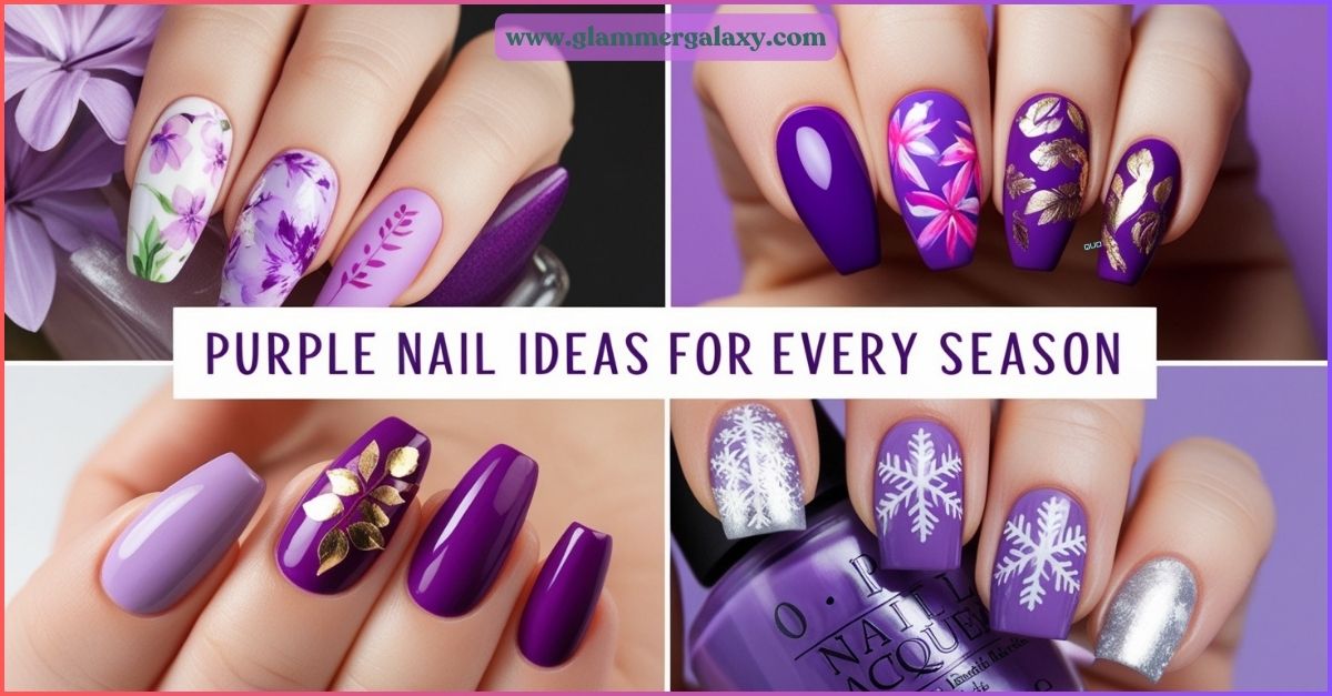 arious purple nail designs, floral patterns, seasonal themes on nails, 