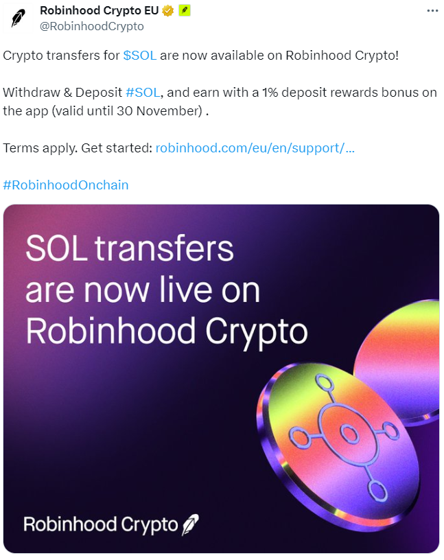 Robinhood Enables SOL Transfers
