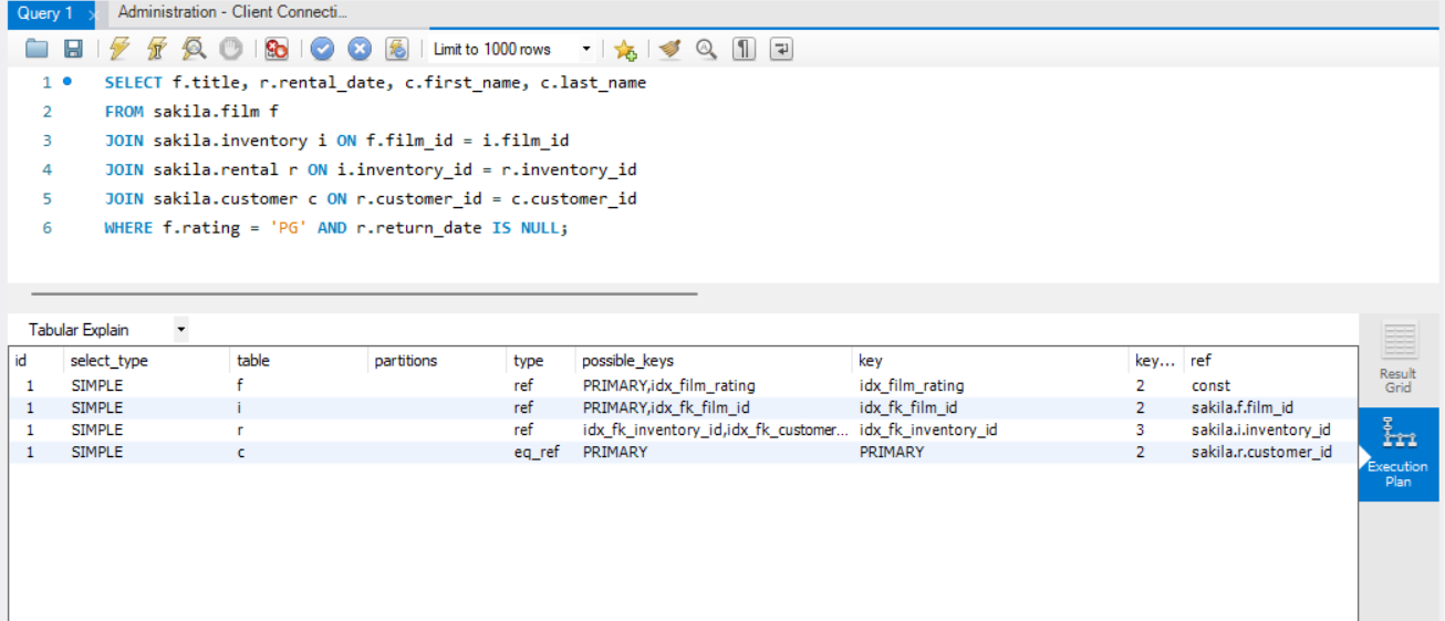 Tabular output of the Execute The Explain Command button