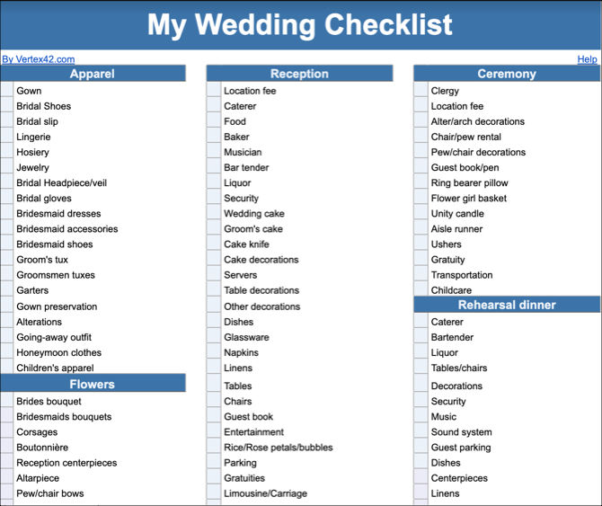 Modèle de liste de contrôle de mariage Google Docs