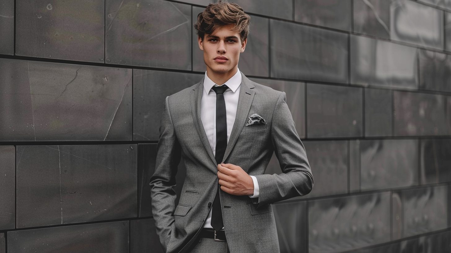 A stylish young man in a slim-fit grey suit and crisp white shirt wearing a skinny black tie, urban setting with clean modern lines, minimal accessories, contemporary and trendy vibe