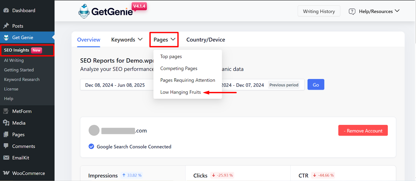 Find SEO Insights feature of Genie