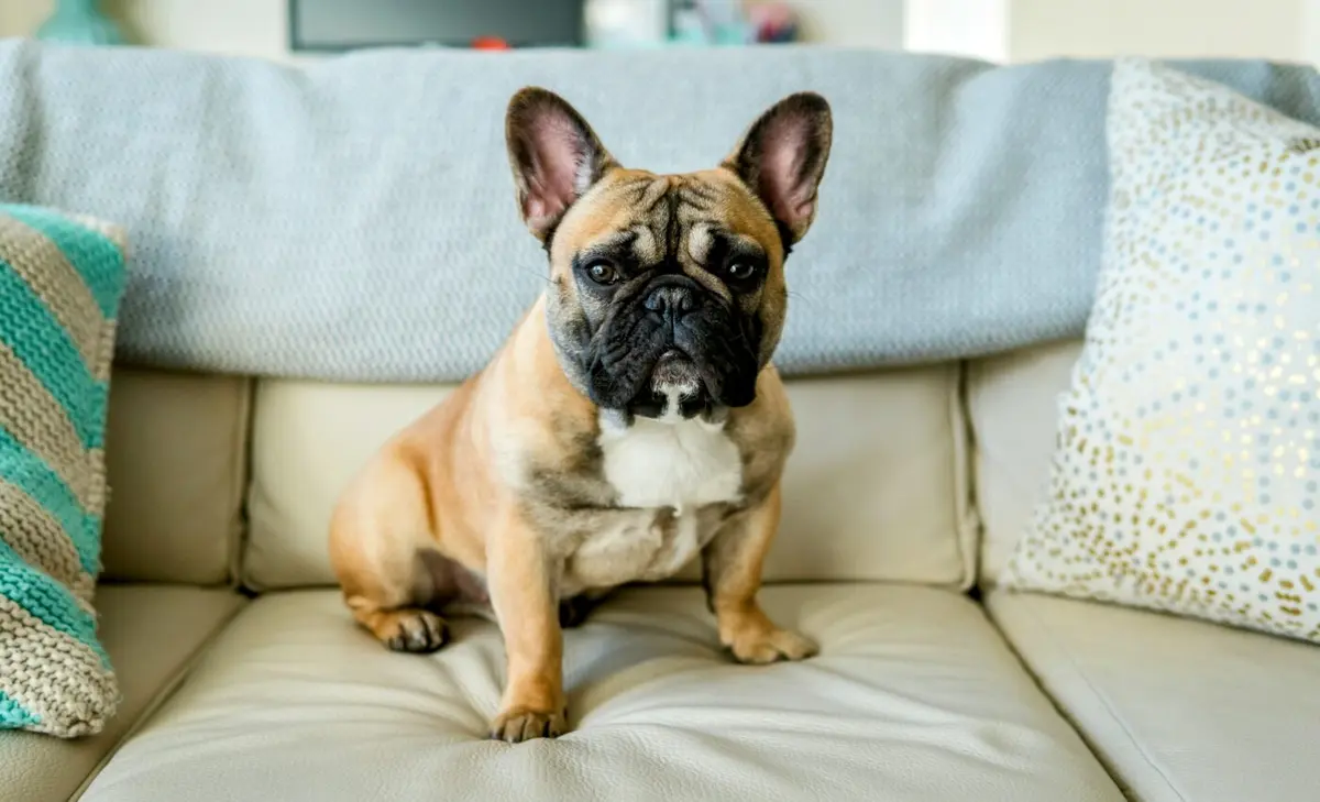 Best Guard Dogs for Apartment: A French Bulldog sits upright on a comfortable beige couch, surrounded by soft pillows with subtle patterns. The dog’s alert expression and forward-facing posture capture its attentive nature, making it a great example of a companion that offers both security and affection. This image highlights the suitability of small but vigilant breeds, such as French Bulldogs, as some of the best guard dogs for apartment living.