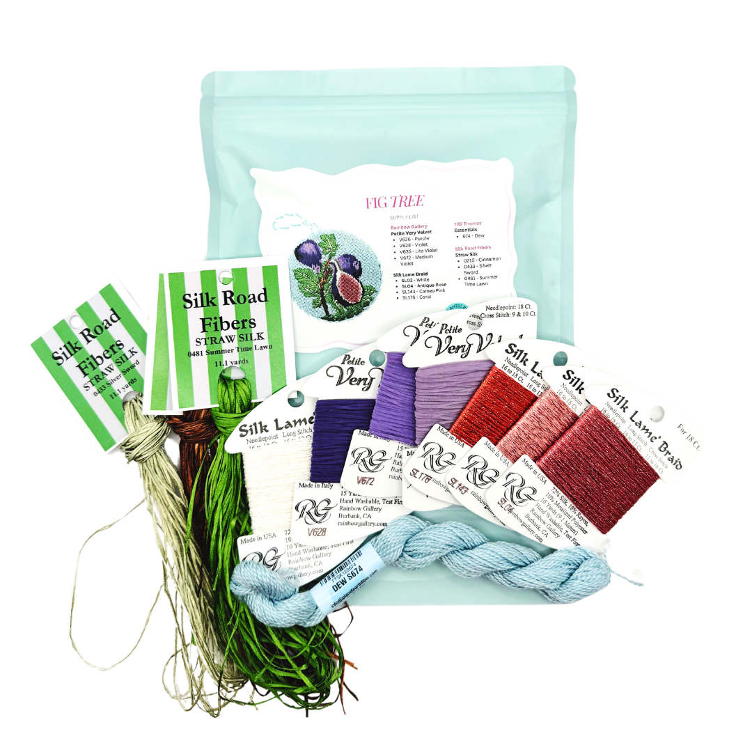 Flat lay of an Atlantic Blue needlepoint kit with canvas, threads, and stitch guide
