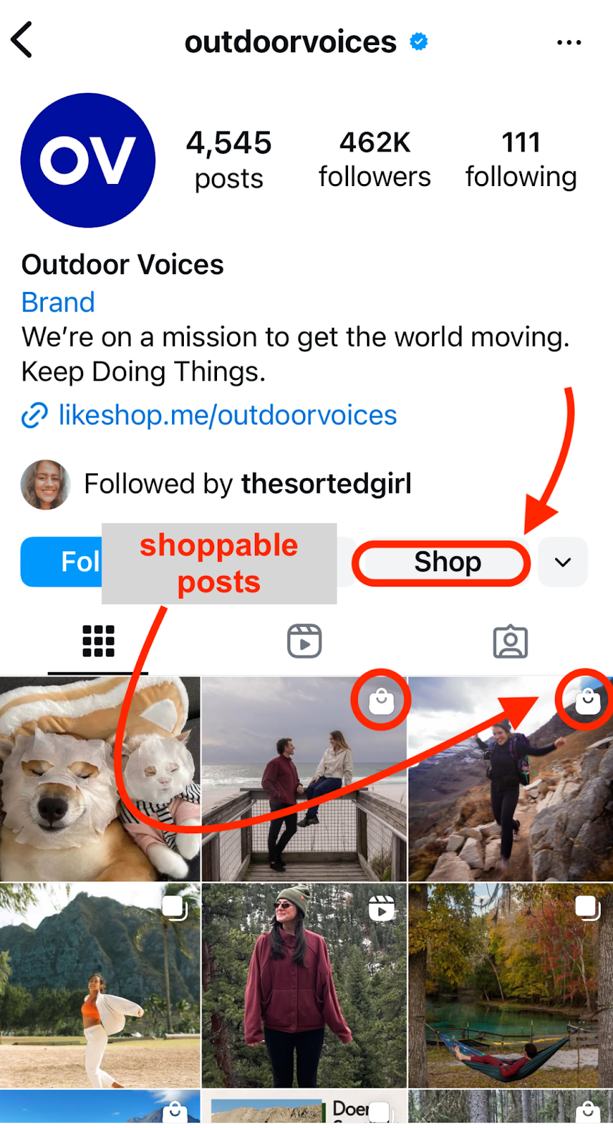 Instagram Shop of Outdoor Voices, a clothing brand selling active wear 