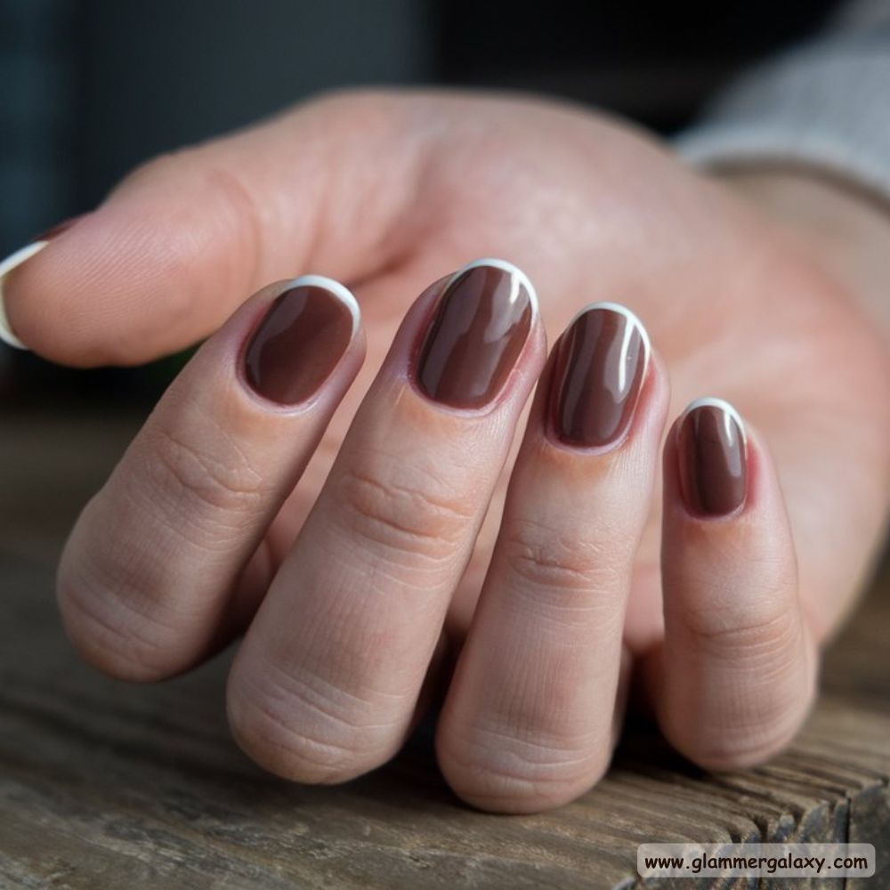 Old Money Inspired Nails having Glossy Brown Nails
