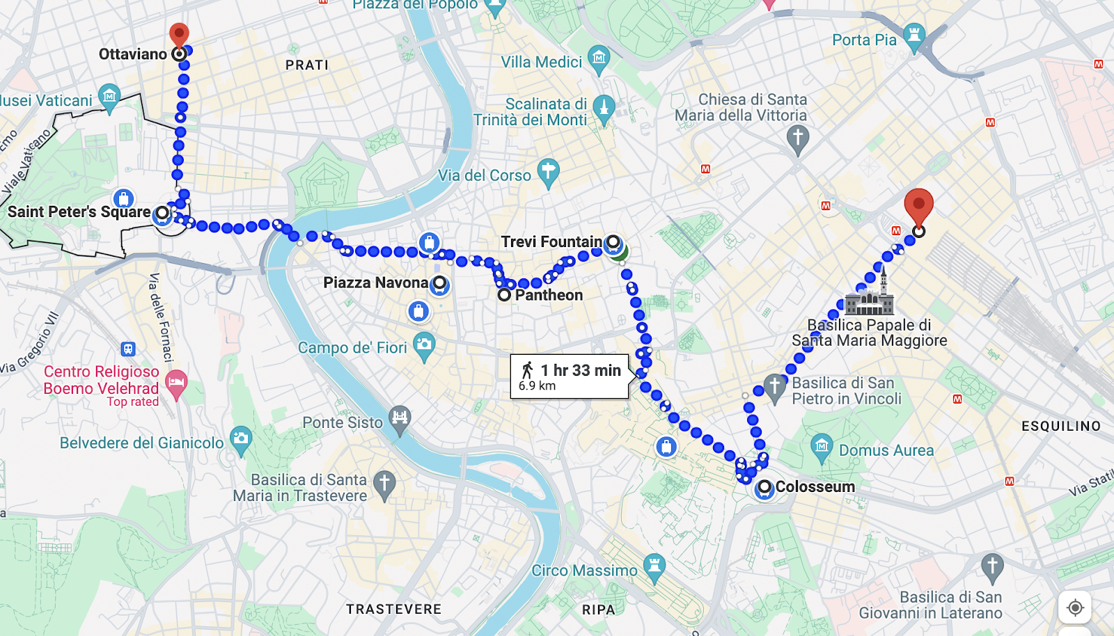 A 1.5 hour walking map of Rome for a day trip.