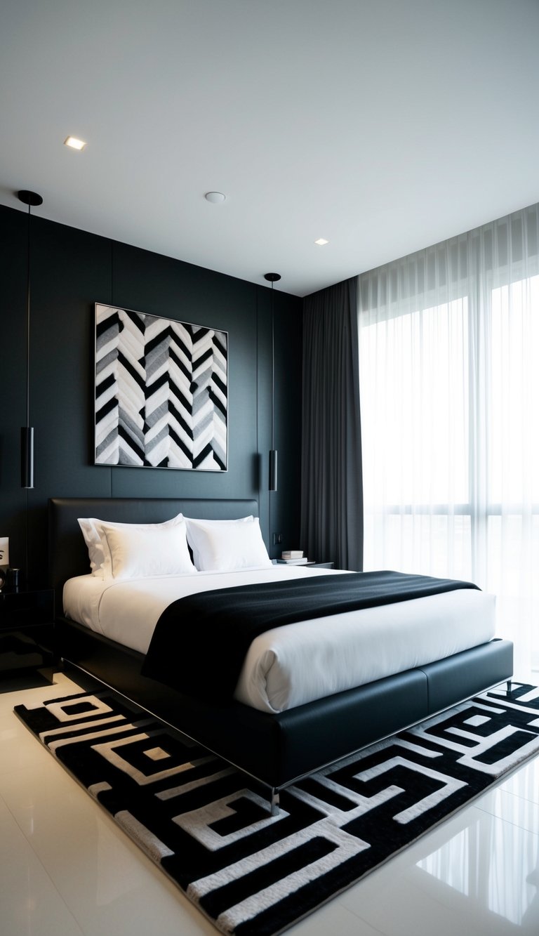 A sleek, modern bedroom with a monochrome geometric rug as the focal point. The room is decorated in black and gray, with clean lines and minimalistic furniture