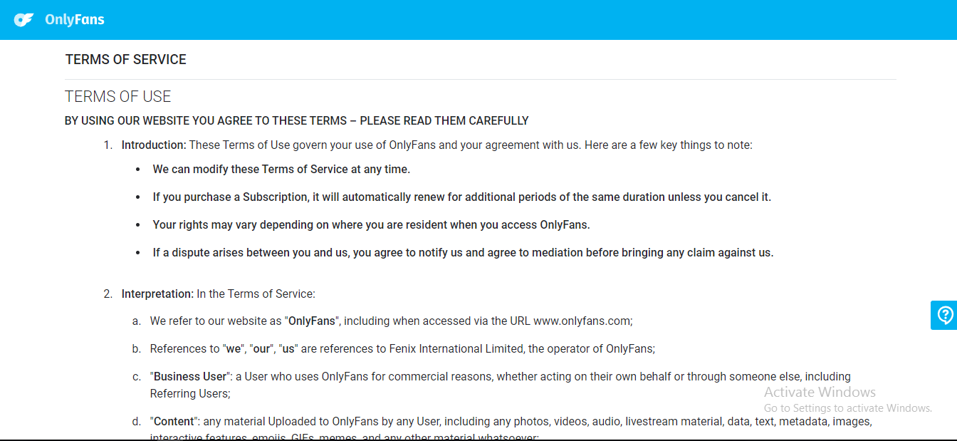 OnlyFans terms of services