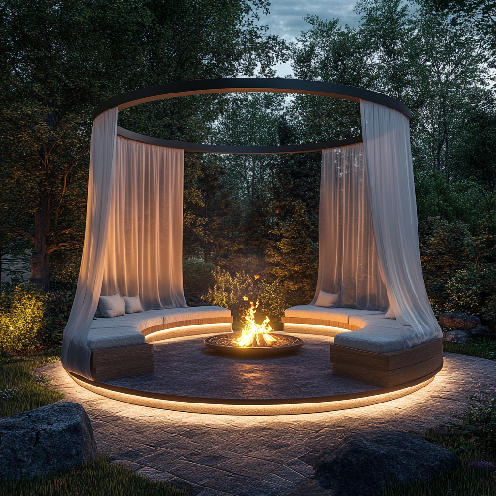 An image of a fire pit on a raised patio. 