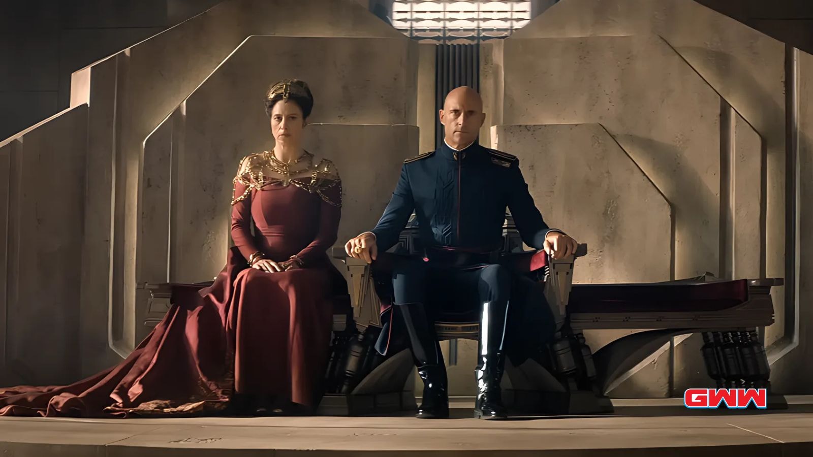 Mark Strong and Rebecca Ferguson in regal attire from Dune Prophecy trailer