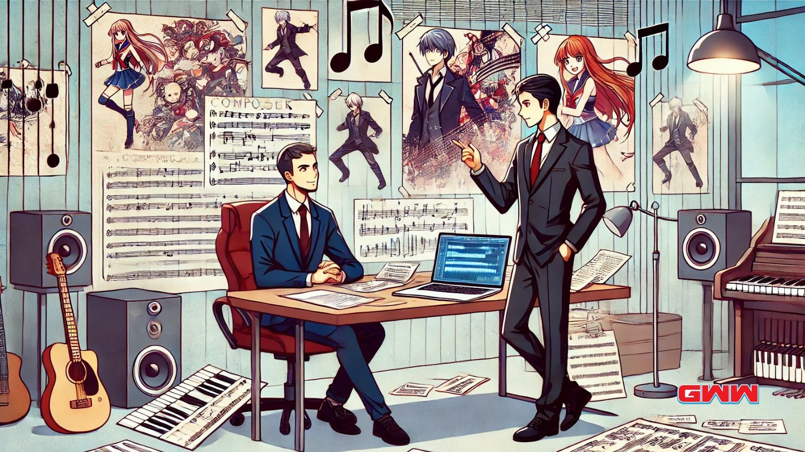 A professional scene showing the collaboration between a composer and their agent in the anime industry