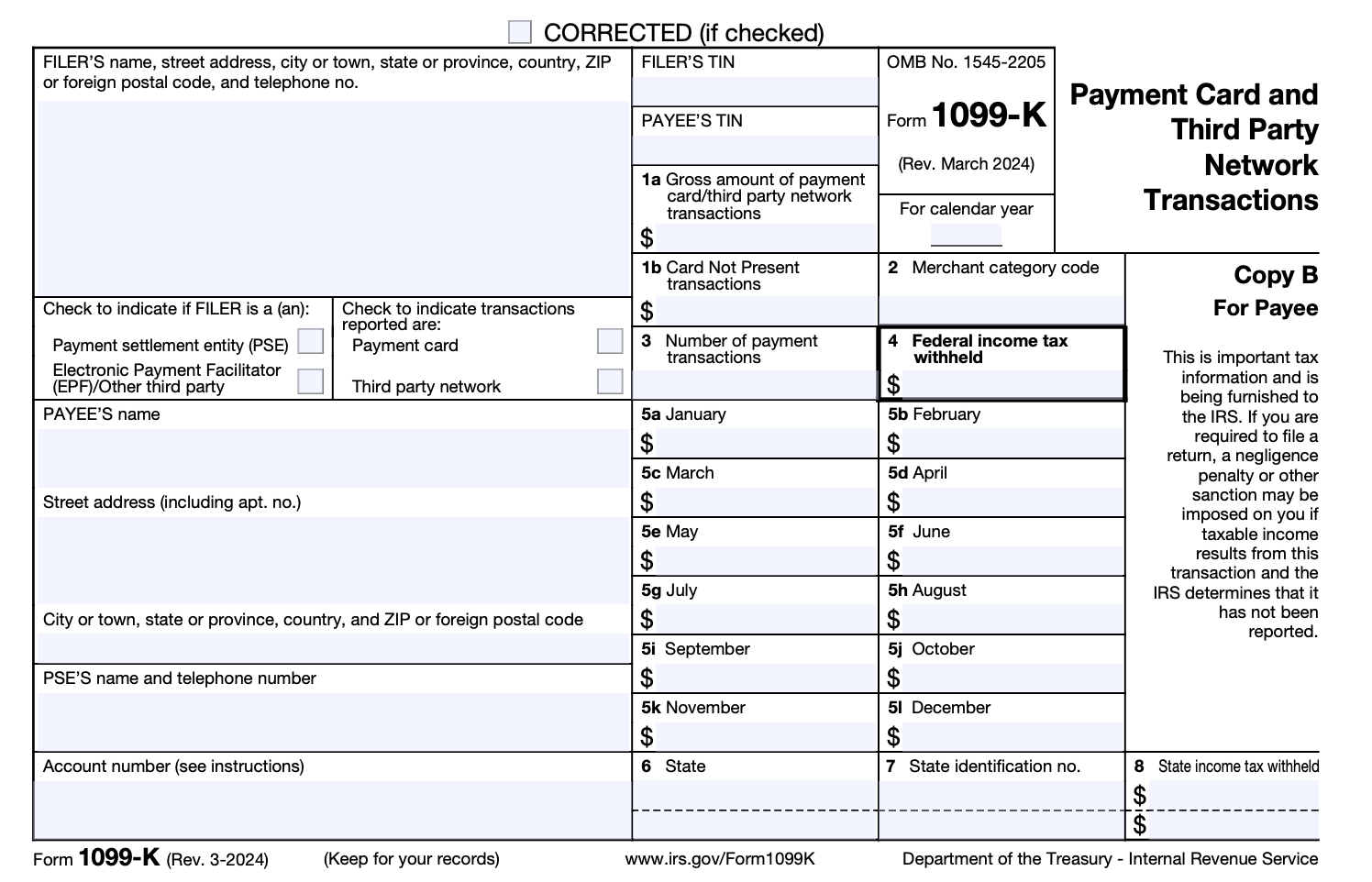 Screenshot of the Form 1099-K report for payees.