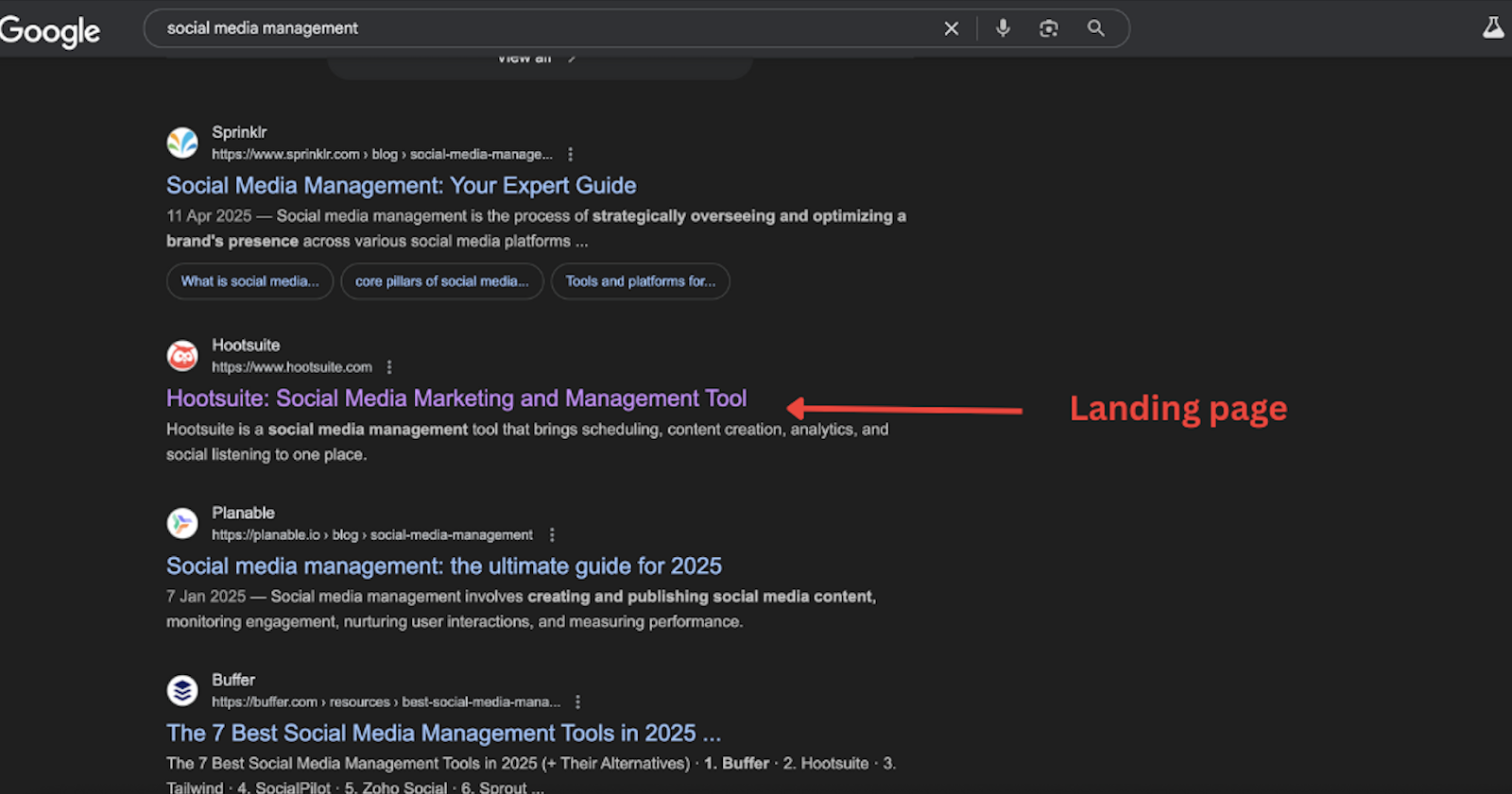 Screenshot showing a landing page for a particular keyword 