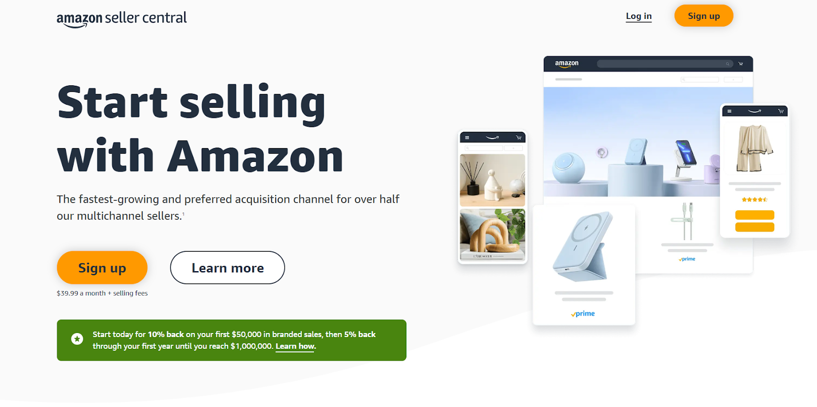 Screenshot of Amazon Seller Central homepage, desktop