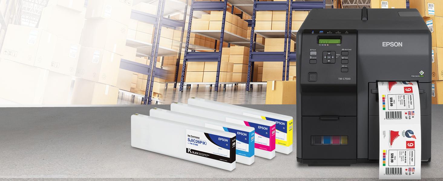 The Epson C7500 label printer with a set of ink cartridges