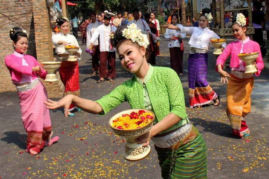 Traditional dancers perform during a Songkran opening ceremony