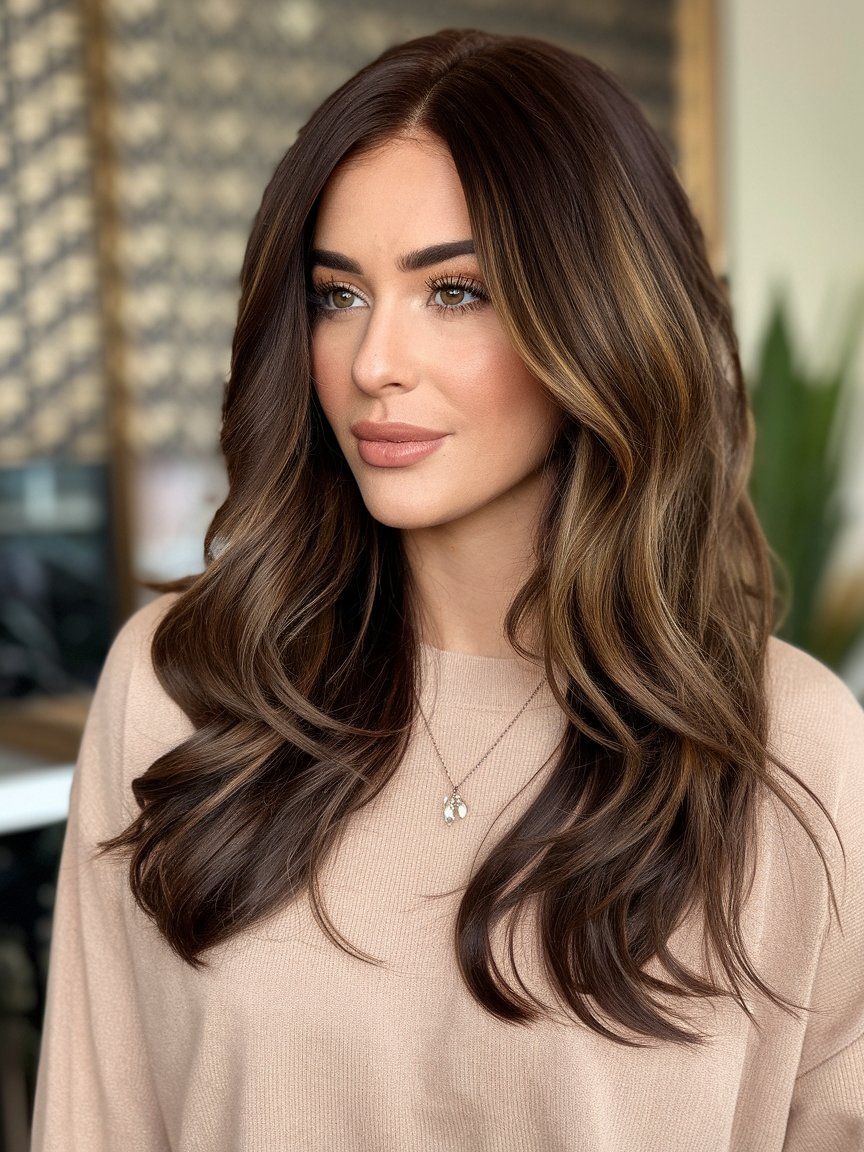 22. Dark Chestnut Brown with Caramel Highlights