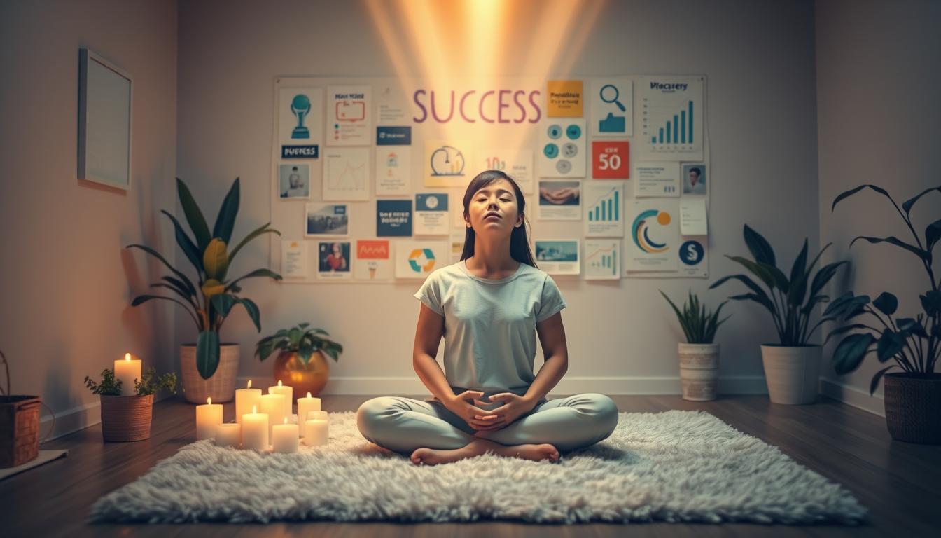 A serene workspace with a person sitting cross-legged on a plush rug, surrounded by soft candlelight and plants, eyes closed in deep meditation. In the background, a vision board filled with images of success, promotion symbols, and goals. Soft pastel colors dominate the scene, creating a calm atmosphere. Light beams radiate from the center, symbolizing focus and intent.