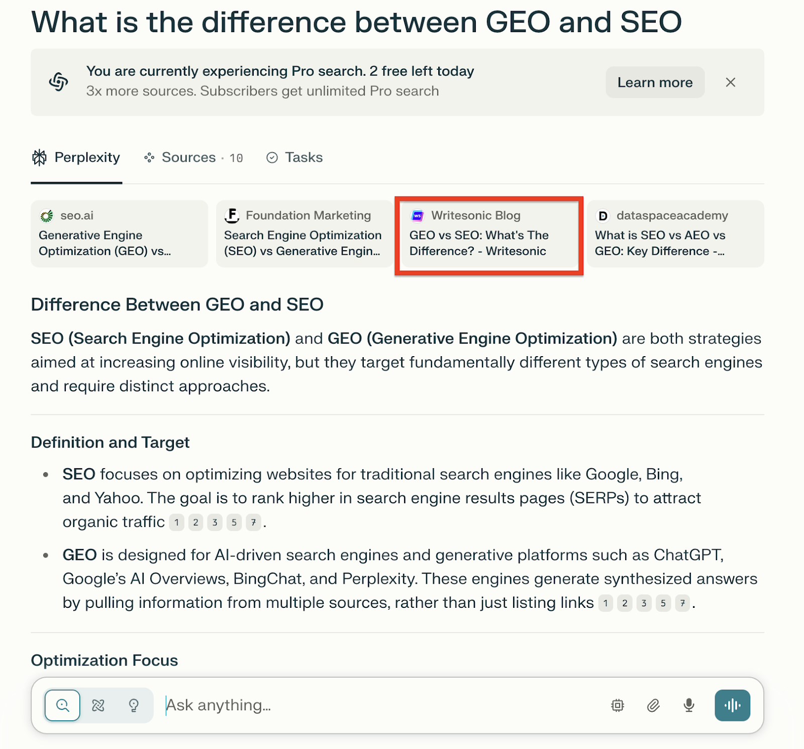 Perplexity AI search result citing Writesonic