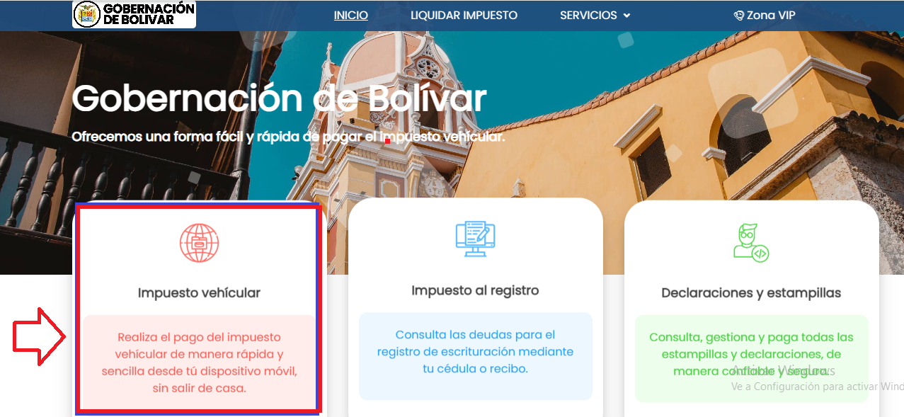 Plataforma de pago de impuesto vehicular en Bolívar 2025.