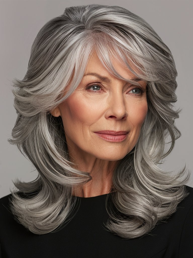 7. Choppy Silver Layers with Wispy Bangs